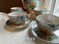 Free Shipping Hand Painted Peach Lusterware Japan 4 Tea Cups And Tea Pot Set