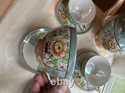 Free Shipping Hand Painted Peach Lusterware Japan 4 Tea Cups And Tea Pot Set