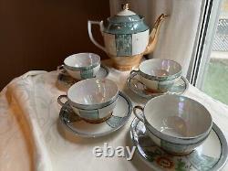 Free Shipping Hand Painted Peach Lusterware Japan 4 Tea Cups And Tea Pot Set