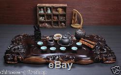 Full handmade carved dragon tea tray ebony wood tea table complete tea set pot