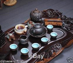 Full handmade carved dragon tea tray ebony wood tea table complete tea set pot