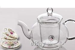 GLASS TEAPOT TEA SET INFUSER Warmer+4 Double Wall Cups Gift Box Green Herbal NEW