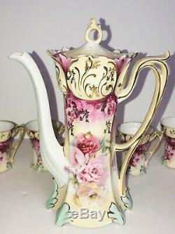 Genuine Rs Prussia 8 Piece Pink Carnations Roses Footed Chocolate Tea Pot Set