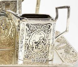 German Hand Chaised Angkor. 900 Silver Tea Service Set 19th Century 31toz