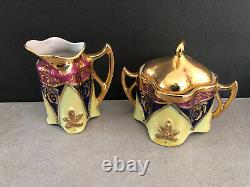 Germany Jena Bareuther Gold Yellow Mauve Blue Antique Tea Pot Cups Saucers Set