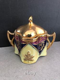 Germany Jena Bareuther Gold Yellow Mauve Blue Antique Tea Pot Cups Saucers Set