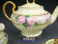 Germany Saxony Hand Painted Roses Tea Pot Creamer Sugar Set