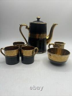 Gibson & Sons Late Sevres Davenport English Black Gold Tea Pot Sugar Creamer Set