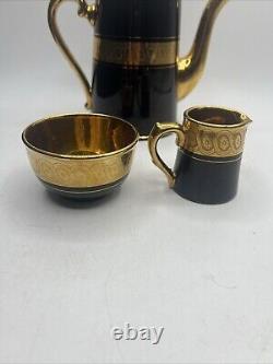 Gibson & Sons Late Sevres Davenport English Black Gold Tea Pot Sugar Creamer Set