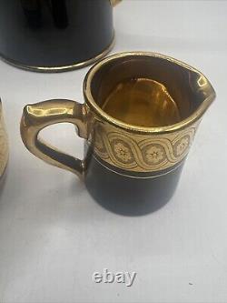 Gibson & Sons Late Sevres Davenport English Black Gold Tea Pot Sugar Creamer Set