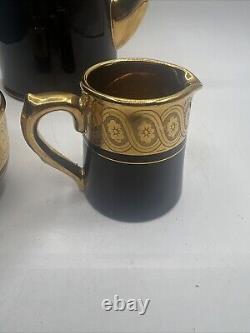 Gibson & Sons Late Sevres Davenport English Black Gold Tea Pot Sugar Creamer Set