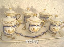 Giraud Limoges France Coffee Tea Pot de Creme Serving Tray Set- Gold Yule Horns