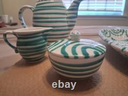 Gmundner Keramik Green Stripe Coffee/Tea Pot with Creamer and Sugar Bowl WithLid