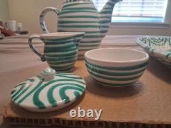 Gmundner Keramik Green Stripe Coffee/Tea Pot with Creamer and Sugar Bowl WithLid