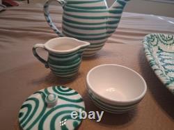 Gmundner Keramik Green Stripe Coffee/Tea Pot with Creamer and Sugar Bowl WithLid