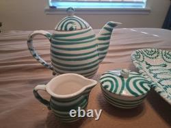 Gmundner Keramik Green Stripe Coffee/Tea Pot with Creamer and Sugar Bowl WithLid