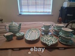Gmundner Keramik Green Stripe Coffee/Tea Pot with Creamer and Sugar Bowl WithLid