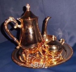 Gold Plated Hong Kong 4 Pc Tea Set Coffee, Pot, Creamer, Sugar Bowl & Platter