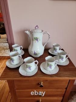 Gorgeous Antique Handpainted Lilacs Coffee Pot-6 Cups & Saucers- Wonderful Set