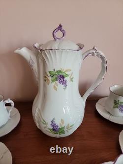 Gorgeous Antique Handpainted Lilacs Coffee Pot-6 Cups & Saucers- Wonderful Set