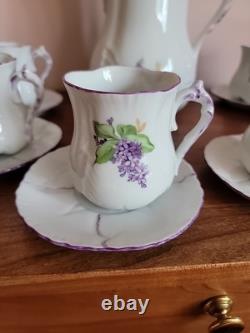 Gorgeous Antique Handpainted Lilacs Coffee Pot-6 Cups & Saucers- Wonderful Set