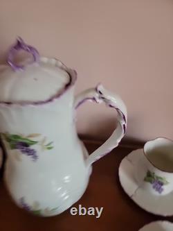 Gorgeous Antique Handpainted Lilacs Coffee Pot-6 Cups & Saucers- Wonderful Set