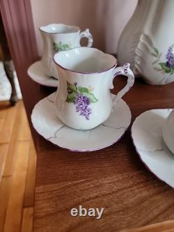Gorgeous Antique Handpainted Lilacs Coffee Pot-6 Cups & Saucers- Wonderful Set