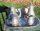 Gorgeous Pewter And Teak French Tea Set With Tray 5 Pieces