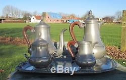 Gorgeous Pewter and Teak French Tea Set with Tray 5 pieces