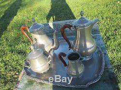 Gorgeous Pewter and Teak French Tea Set with Tray 5 pieces