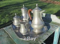 Gorgeous Pewter and Teak French Tea Set with Tray 5 pieces