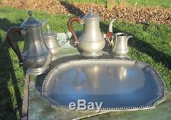 Gorgeous Pewter and Teak French Tea Set with Tray 5 pieces