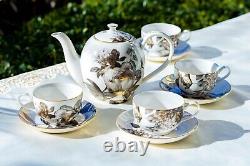 Grace Teaware Black Gold Peony Fine Porcelain 9-Piece Tea Set