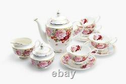 Grace Teaware Peony and Strawberry Bone China 11-Piece Tea Set