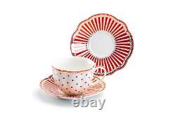 Grace Teaware Red Josephine Stripes and Dots Fine Porcelain 11-Piece Tea Set
