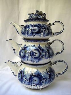 Gzhel, Grape 3 Teapots set, Unique author work, signed, from collection