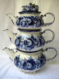 Gzhel, Grape 3 Teapots set, Unique author work, signed, from collection