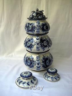 Gzhel, Grape 3 Teapots set, Unique author work, signed, from collection