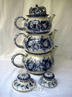 Gzhel, Grape 3 Teapots set, Unique author work, signed, from collection