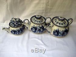 Gzhel, Grape 3 Teapots set, Unique author work, signed, from collection