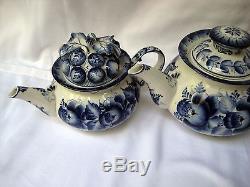Gzhel, Grape 3 Teapots set, Unique author work, signed, from collection