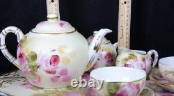 HAND PAINTED Pink Rose & Yellow Flower 8pc TEA SET 17.5L Tray, 5H Tea Pot