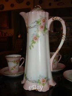 HAND PAINTED UNMARKED LIMOGES or BAVARIA CHOCOLATE COFFEE TEA SET POT & 6 CUPS