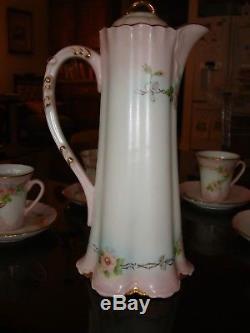 HAND PAINTED UNMARKED LIMOGES or BAVARIA CHOCOLATE COFFEE TEA SET POT & 6 CUPS