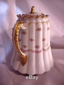 Haviland Limoges France Teapot & 2 Cups And Saucers Set Pink Roses Double Gold