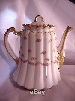 Haviland Limoges France Teapot & 2 Cups And Saucers Set Pink Roses Double Gold