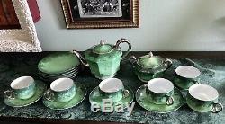HERMAN OHME ANTIQUE FINE GERMAN PORCELAIN 18 PIECE TEA POT Cups Plates Set Green