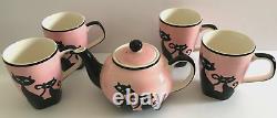 HUES N BREWS Cattitude Pink Siamese Black Cats Teapot + Coffee Cup 5 Piece Set