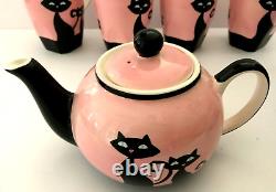 HUES N BREWS Cattitude Pink Siamese Black Cats Teapot + Coffee Cup 5 Piece Set