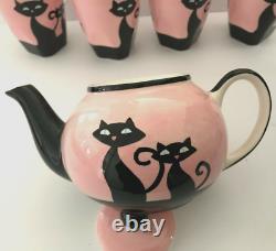 HUES N BREWS Cattitude Pink Siamese Black Cats Teapot + Coffee Cup 5 Piece Set